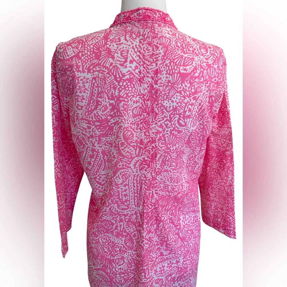 Lilly Pulitzer Sarasota Beaded Tunic Top Sz M Pink White Shell Print 3/4 Sleeve - Picture 4 of 12
